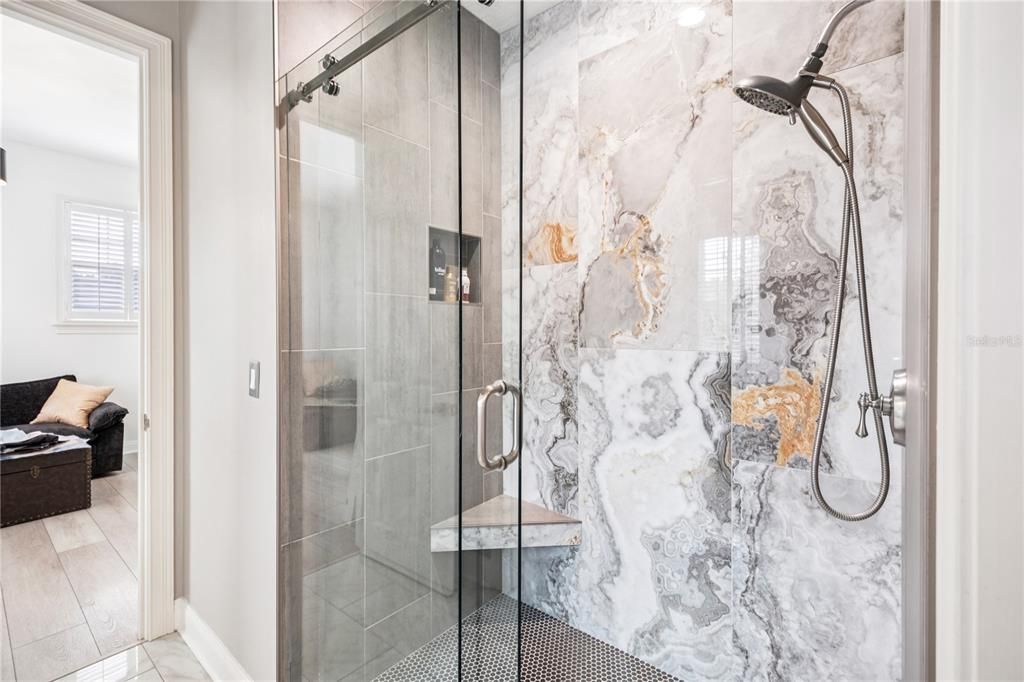 Bathroom, Glass Shower, Interior, Marble Walls, Wood Texture Flooring