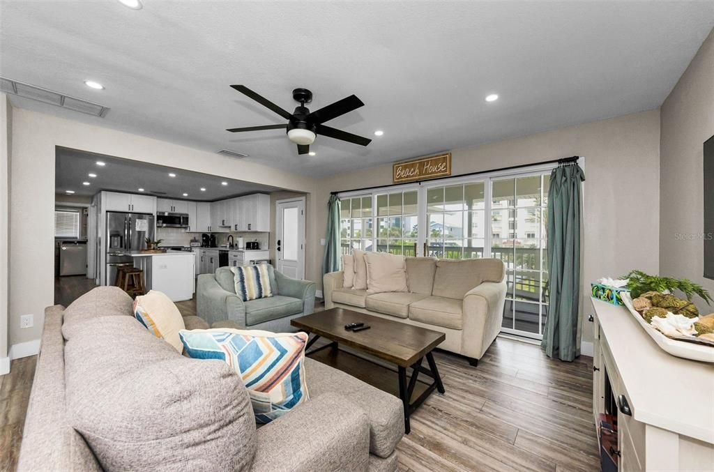 Interior, Kitchen, Living room, Recessed Lighting, Stainless Steel Appliances, Wood Texture Flooring