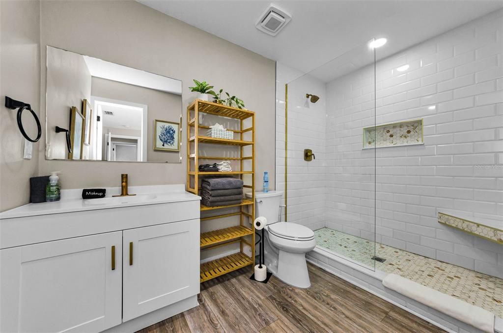 Bathroom, Glass Shower, Interior, Recessed Lighting, Wood Texture Flooring