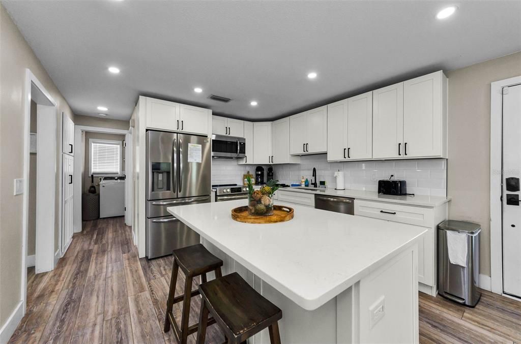 Interior, Kitchen, Recessed Lighting, Stainless Steel Appliances, Wood Texture Flooring