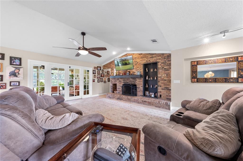 Fireplace, Interior, Living room, Recessed Lighting, Stone Walls