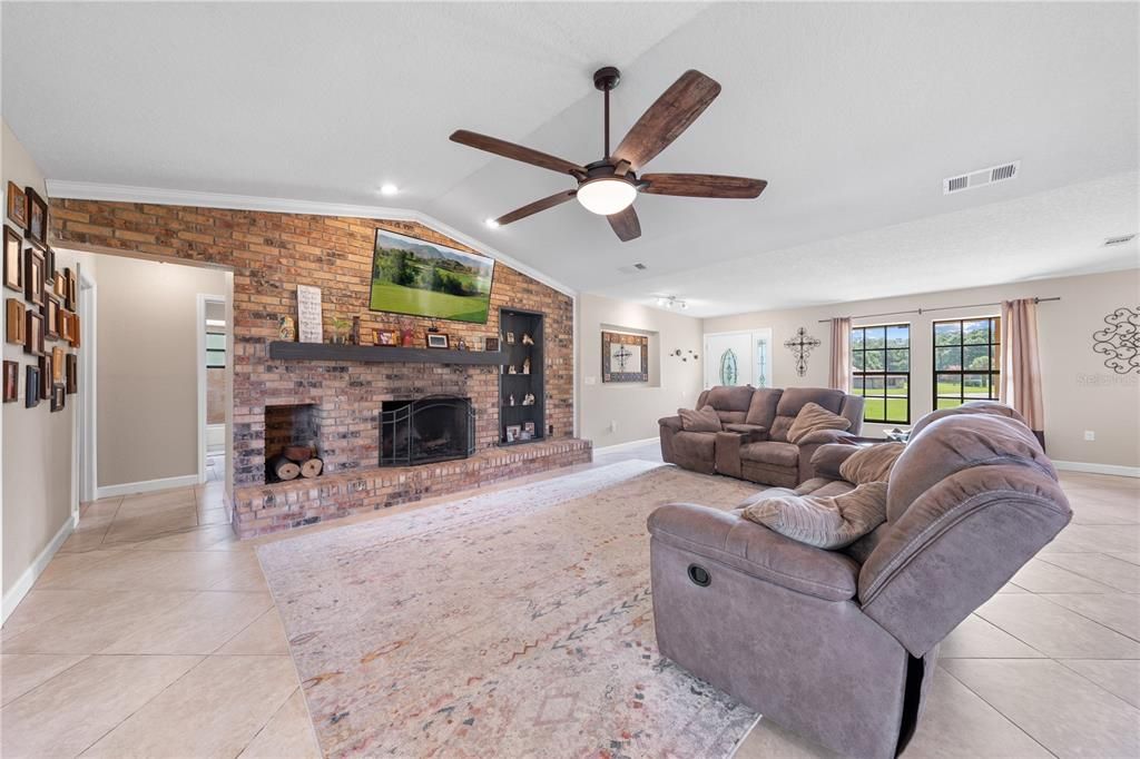 Fireplace, Interior, Living room, Recessed Lighting, Stone Walls