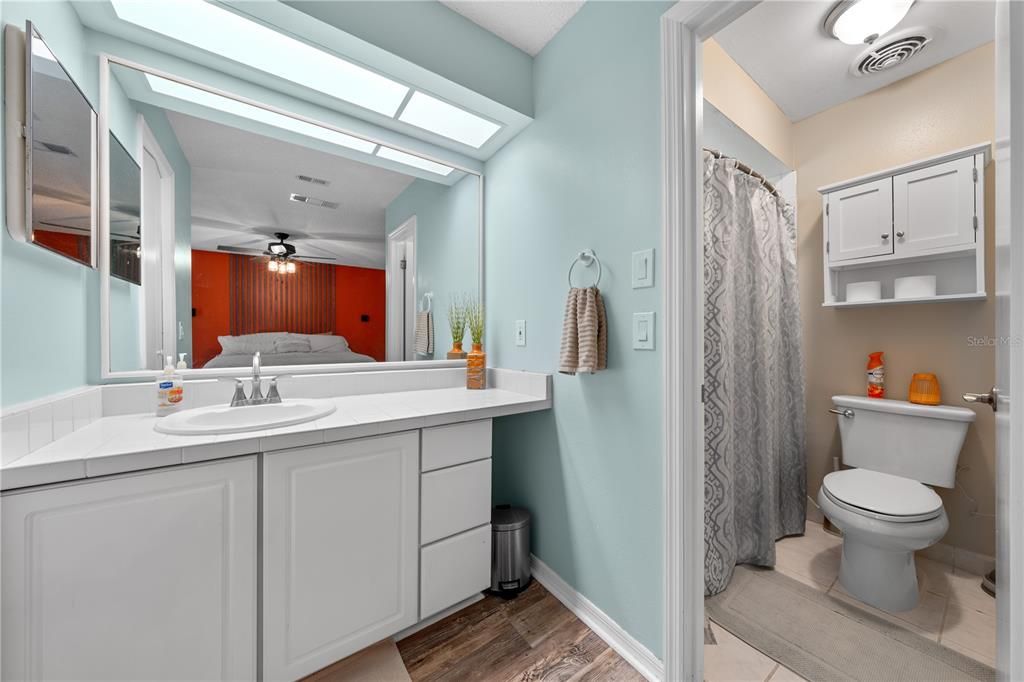Bathroom, Interior, Tile Countertops, Wood Texture Flooring