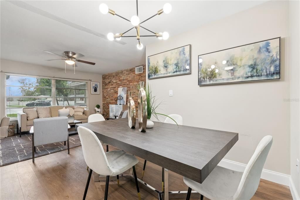 Dining room, Interior, Living room, Pendant Lights, Stone Walls, Wood Texture Flooring
