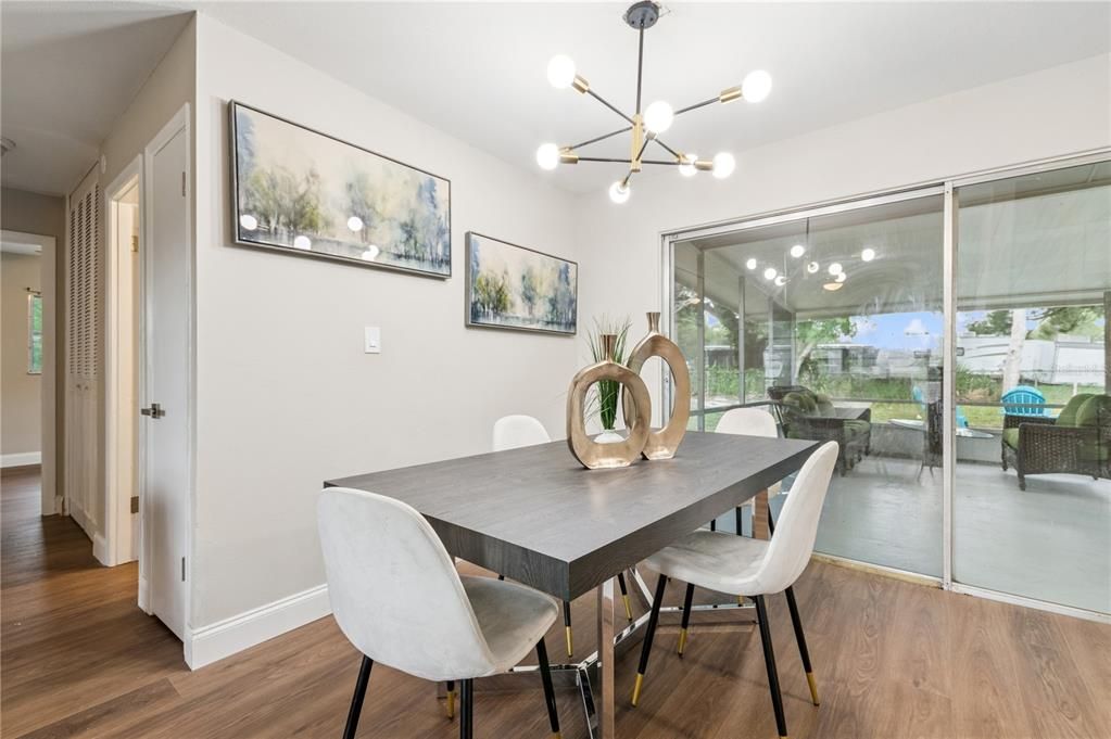Dining room, Interior, Pendant Lights, Wood Texture Flooring