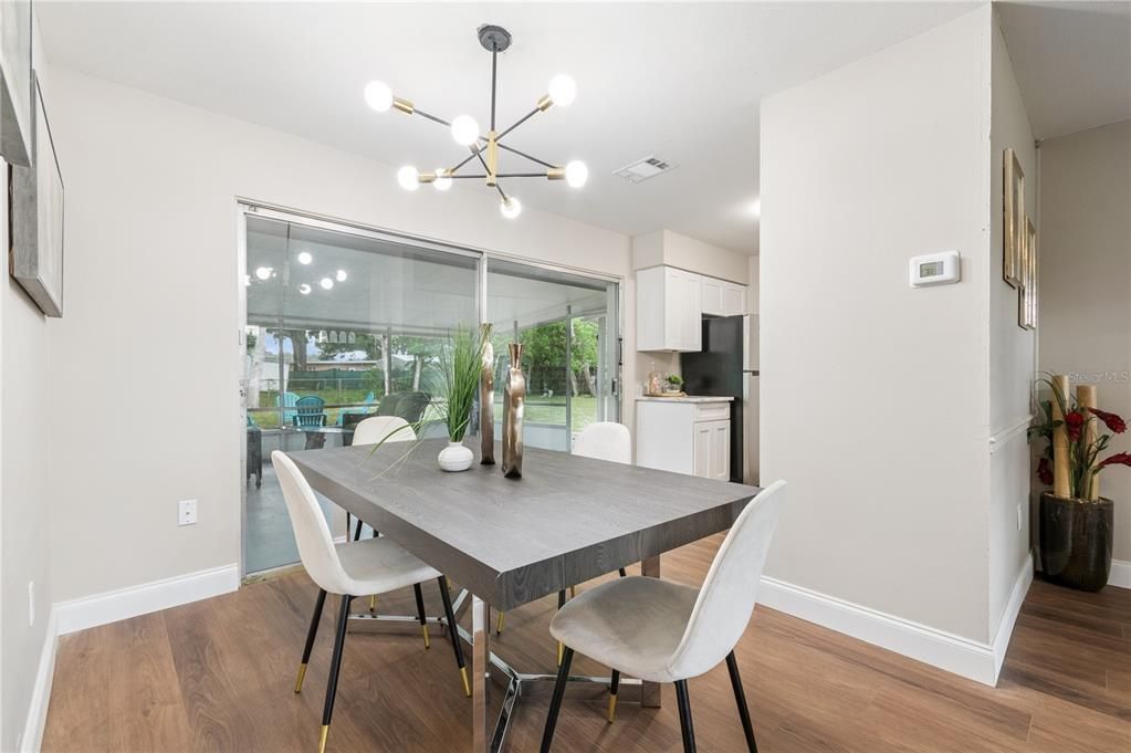 Dining room, Interior, Pendant Lights, Wood Texture Flooring