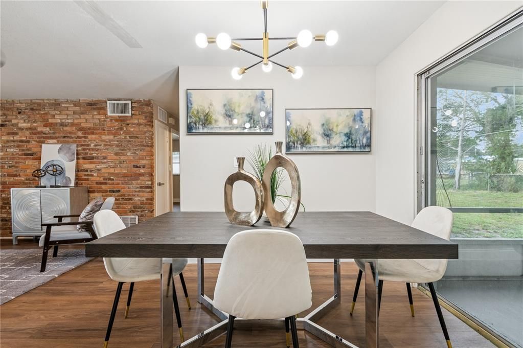 Dining room, Interior, Pendant Lights, Stone Walls, Wood Texture Flooring