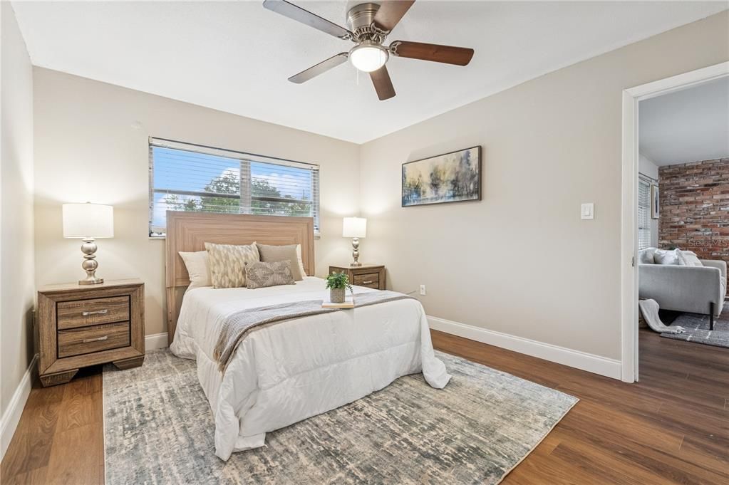 Bedroom, Interior, Stone Walls, Wood Texture Flooring