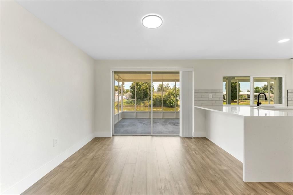 Empty room, Interior, Kitchen, Recessed Lighting, Wood Texture Flooring