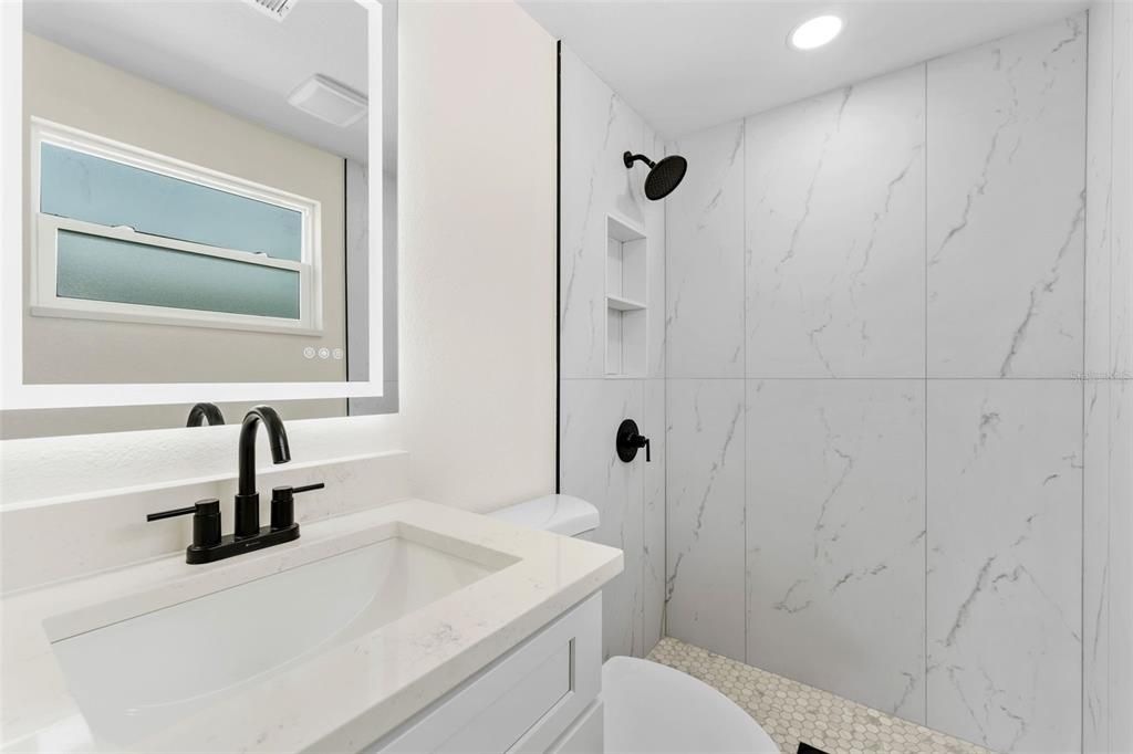 Bathroom, Interior, Marble Walls, Recessed Lighting