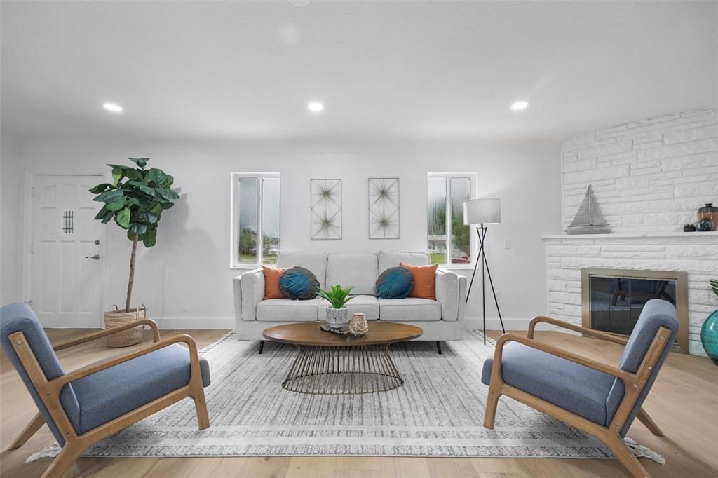 Fireplace, Interior, Living room, Recessed Lighting, Stone Walls, Wood Texture Flooring