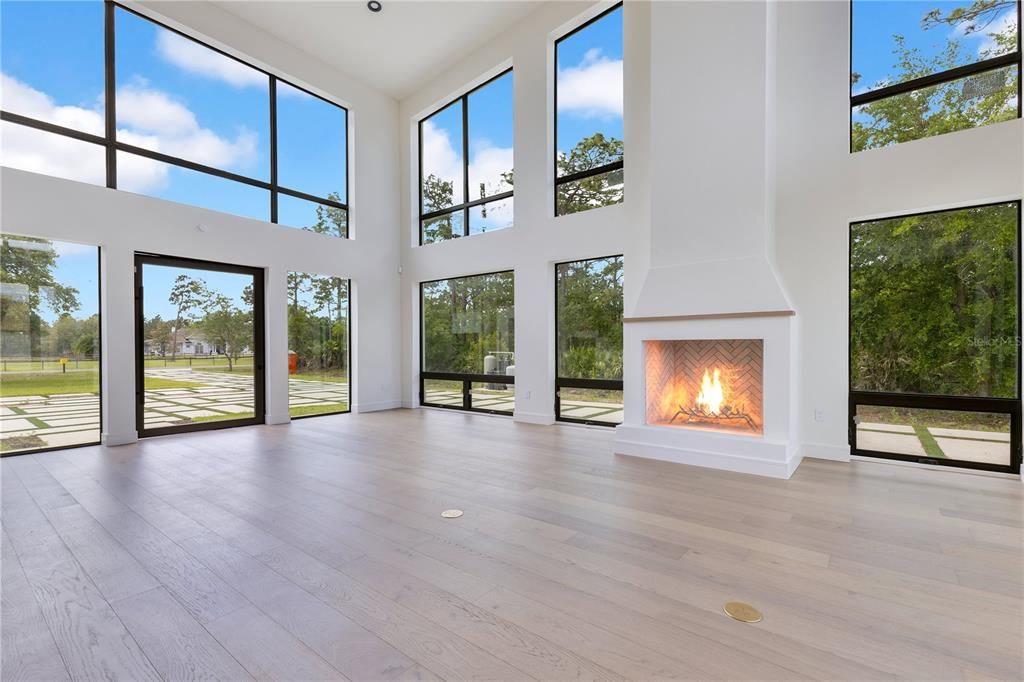 Fireplace, Interior, Sun Room, Wood Texture Flooring