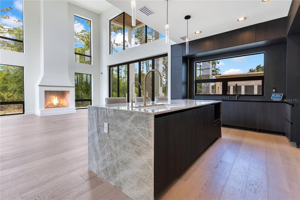Fireplace, Interior, Kitchen, Pendant Lights, Recessed Lighting, Wood Texture Flooring