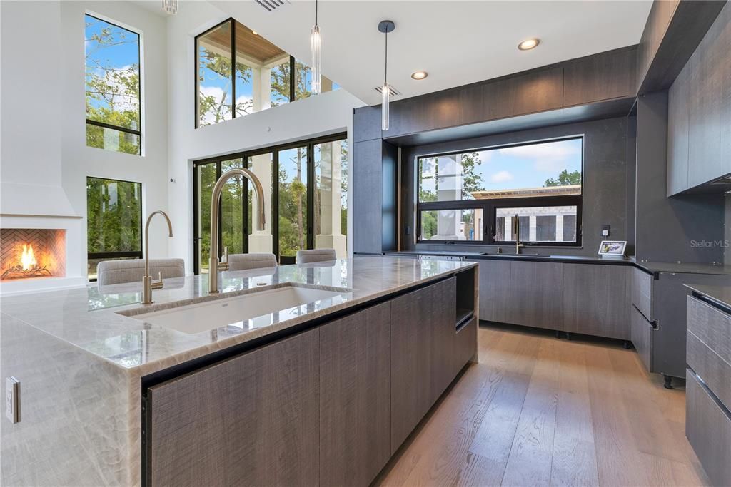 Fireplace, Interior, Kitchen, Pendant Lights, Recessed Lighting, Wood Texture Flooring