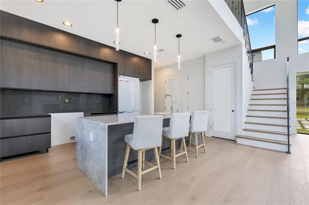Interior, Kitchen, Pendant Lights, Recessed Lighting, Wood Texture Flooring