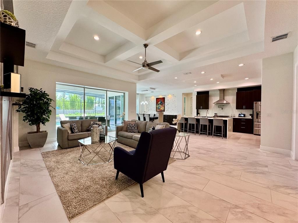 Interior, Kitchen, Living room, Marble, Pendant Lights, Recessed Lighting, Stainless Steel Appliances