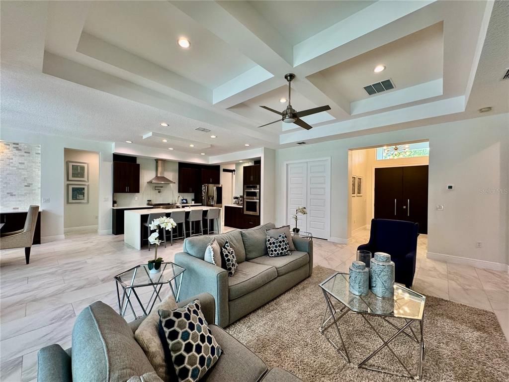 Interior, Kitchen, Living room, Marble, Recessed Lighting, Stainless Steel Appliances