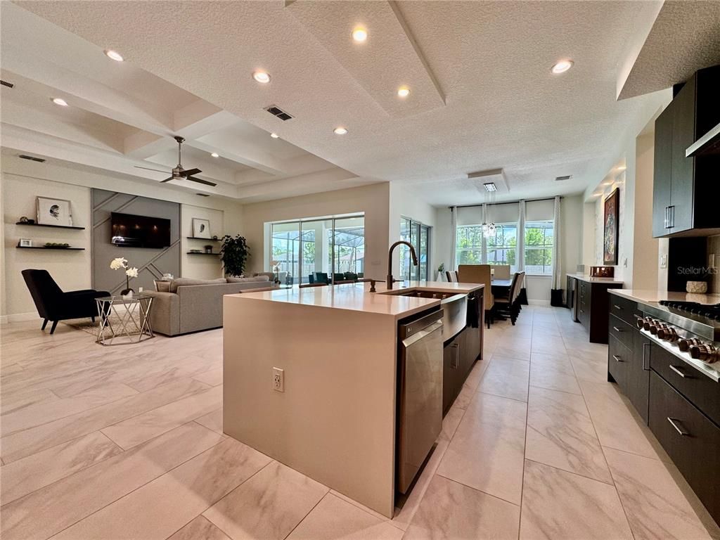 Dining room, Interior, Kitchen, Living room, Marble, Pendant Lights, Recessed Lighting, Stainless Steel Appliances