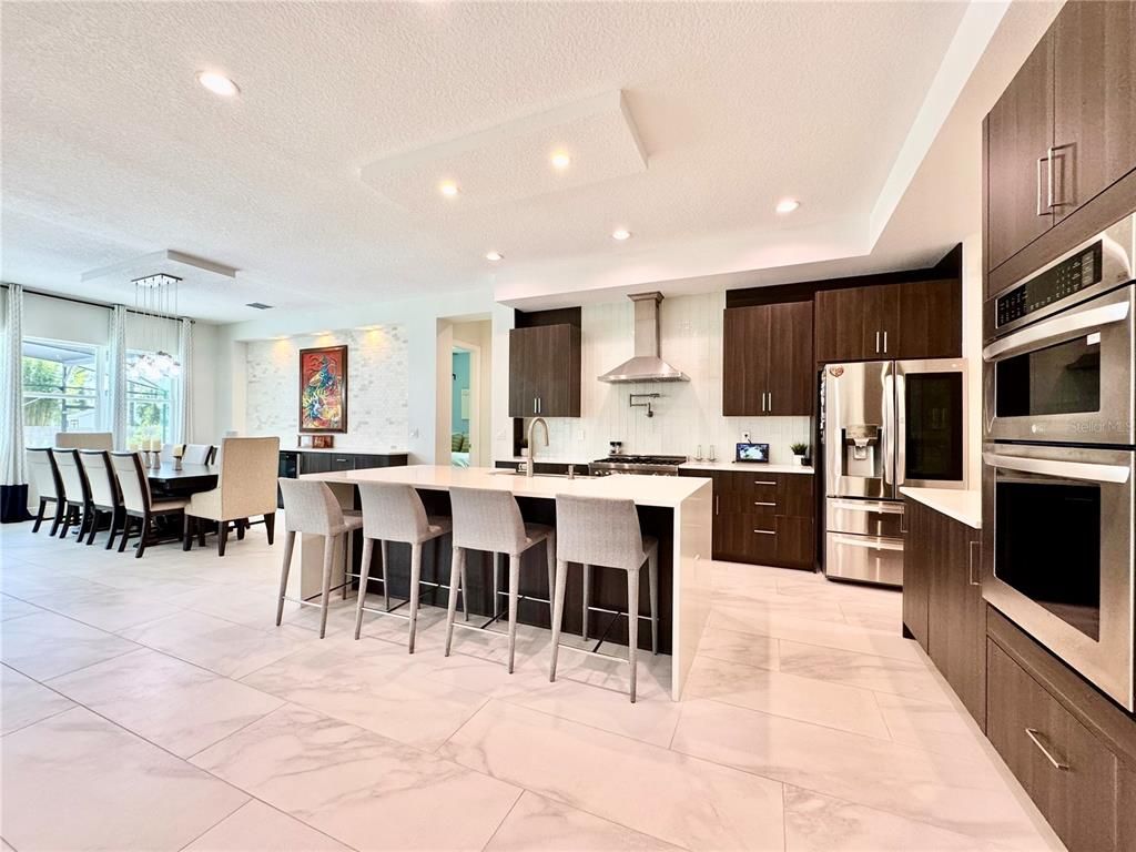 Dining room, Interior, Kitchen, Marble, Pendant Lights, Recessed Lighting, Stainless Steel Appliances