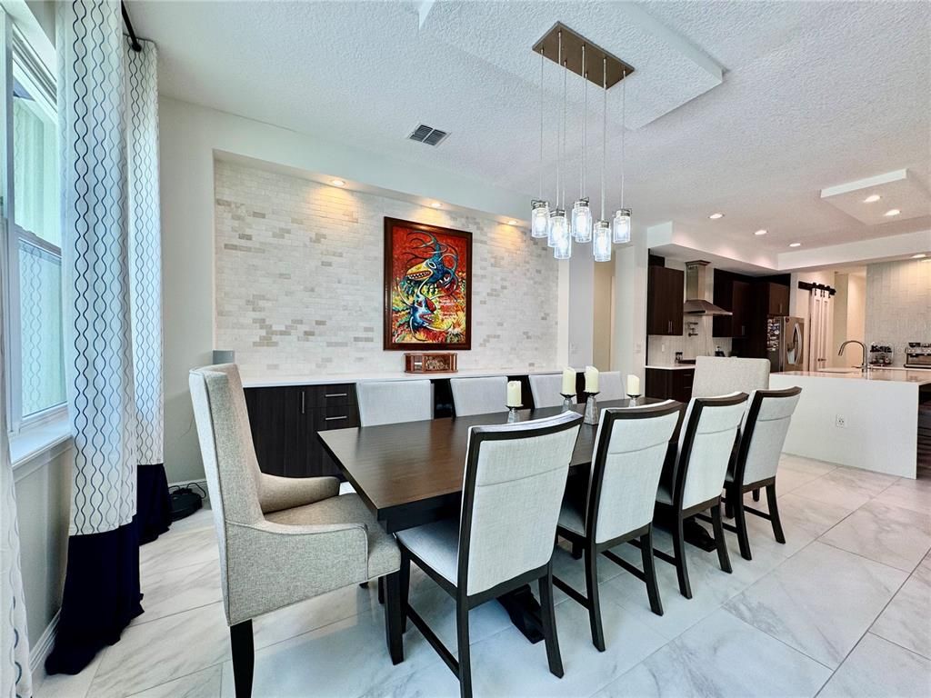 Dining room, Interior, Kitchen, Marble, Pendant Lights, Recessed Lighting, Stone Walls