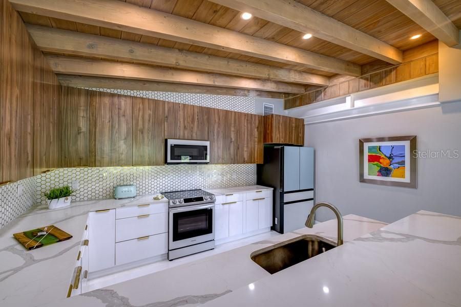 Interior, Kitchen, Recessed Lighting, Stainless Steel Appliances, Wooden Beams, Wooden Ceilings, Wooden Walls