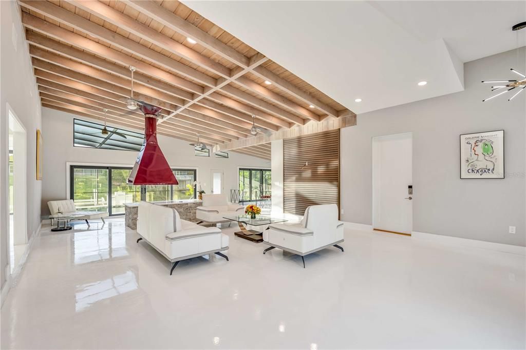 Interior, Living room, Pendant Lights, Recessed Lighting, Wooden Beams, Wooden Ceilings