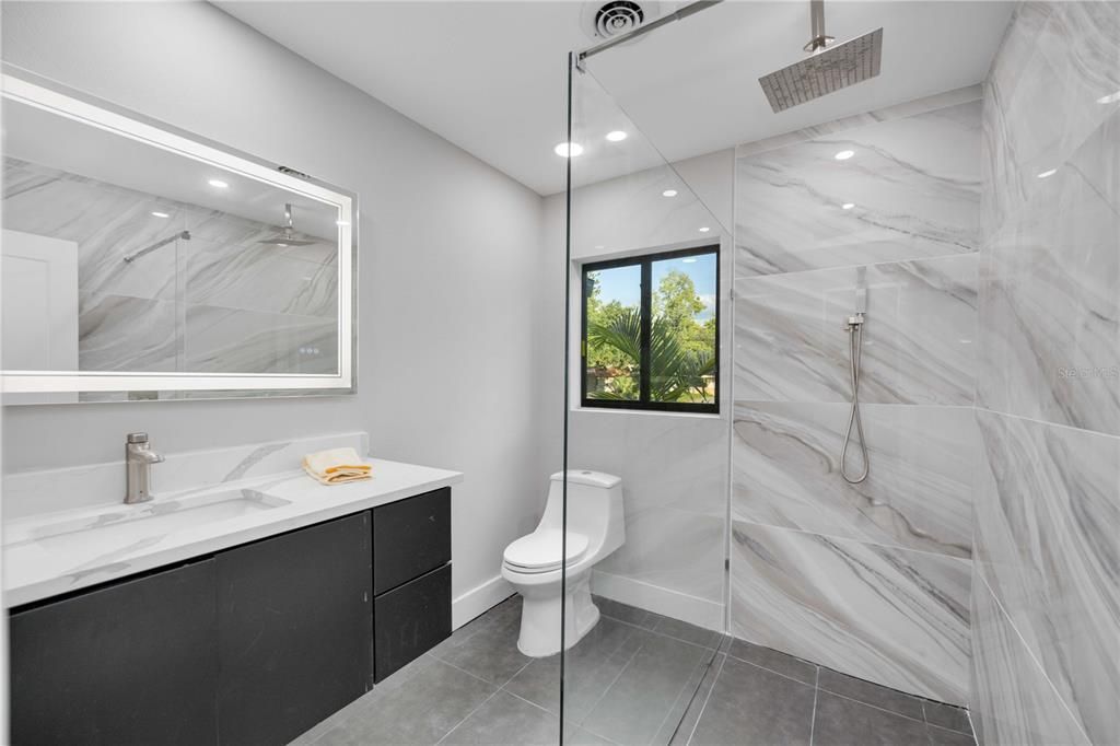 Bathroom, Glass Shower, Interior, Marble Walls, Recessed Lighting