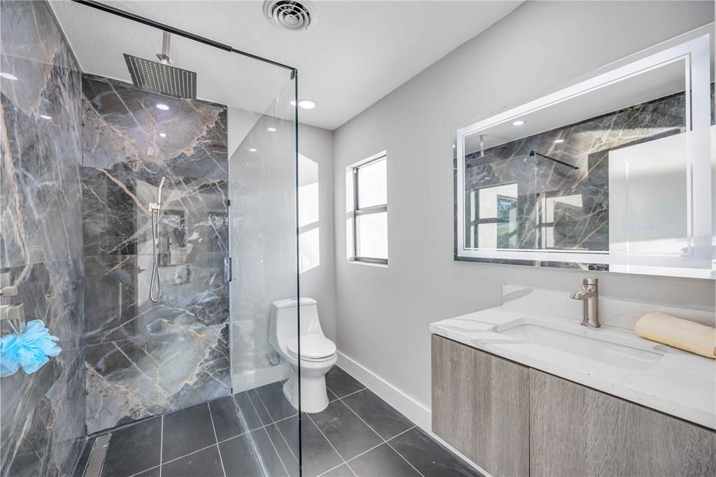 Bathroom, Glass Shower, Interior, Marble Walls, Recessed Lighting