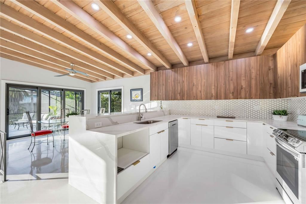 Interior, Kitchen, Recessed Lighting, Stainless Steel Appliances, Wooden Beams, Wooden Ceilings