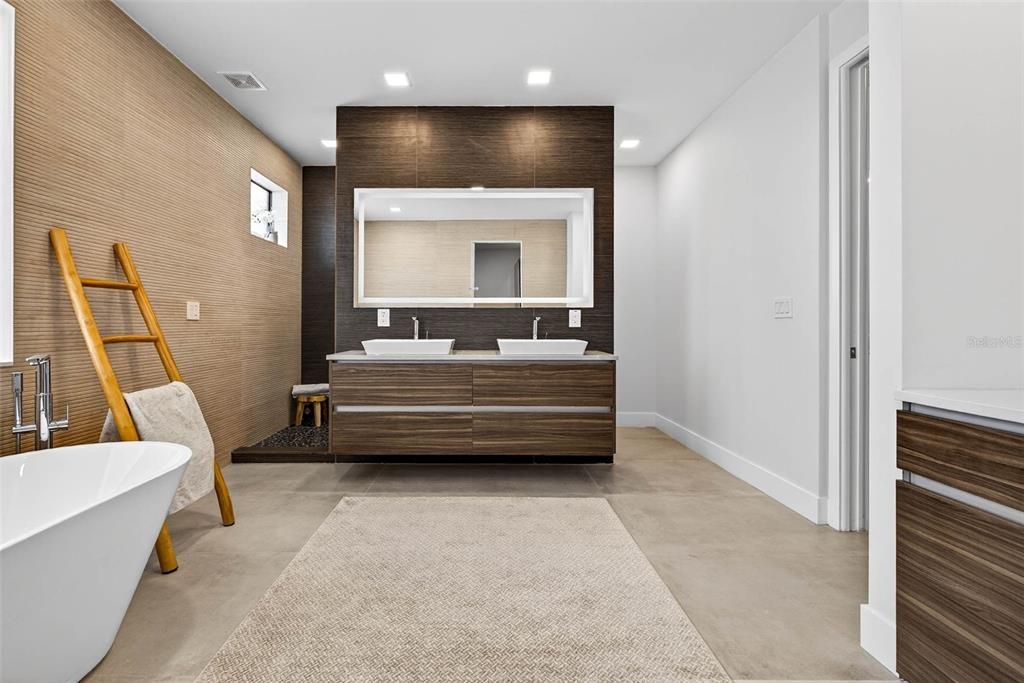 Bathroom, Dual Sink Vanities, Free Standing Baths, Interior, Recessed Lighting, Wooden Walls