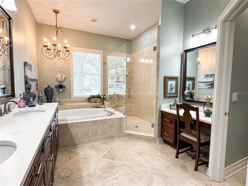 Bathroom, Chandelier, Dual Sink Vanities, Glass Shower, Interior, Recessed Lighting