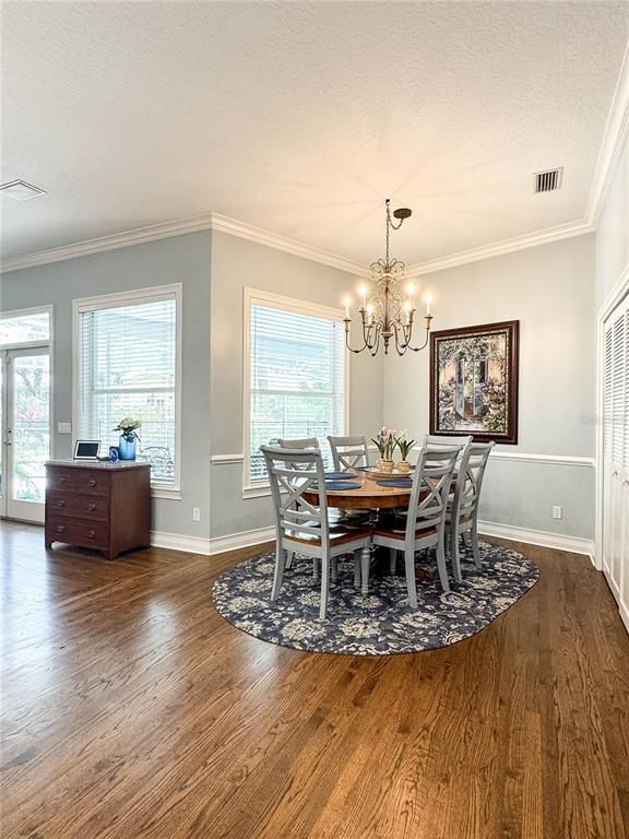 Chandelier, Dining room, Interior, Wood Texture Flooring