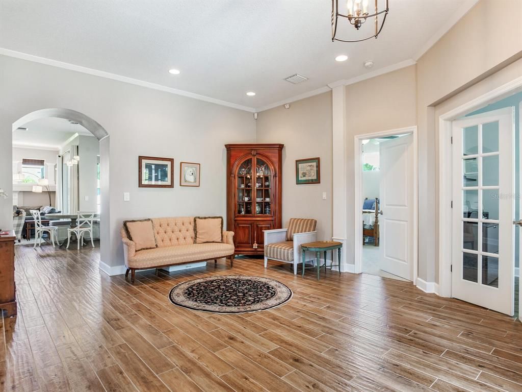 Dining room, Interior, Living room, Recessed Lighting, Wood Texture Flooring
