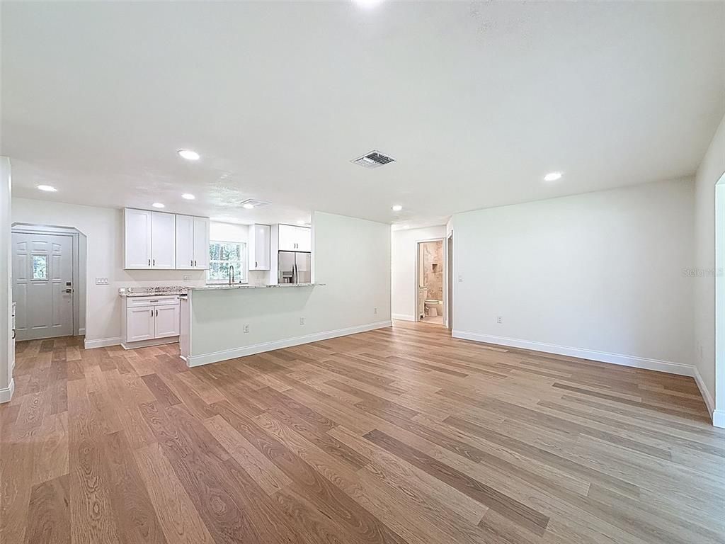 Empty room, Interior, Kitchen, Recessed Lighting, Wood Texture Flooring