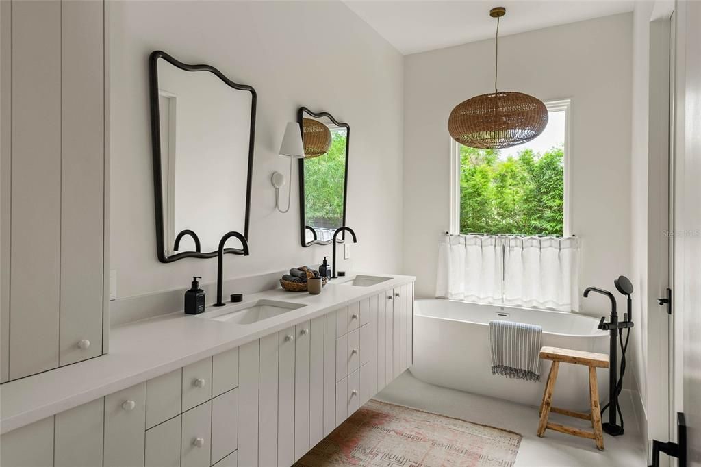 Bathroom, Dual Sink Vanities, Free Standing Baths, Interior, Pendant Lights