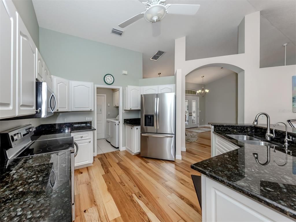Chandelier, Interior, Kitchen, Stainless Steel Appliances, Wood Texture Flooring