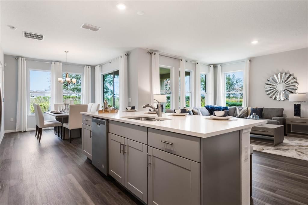 Dining room, Interior, Kitchen, Living room, Pendant Lights, Recessed Lighting, Wood Texture Flooring