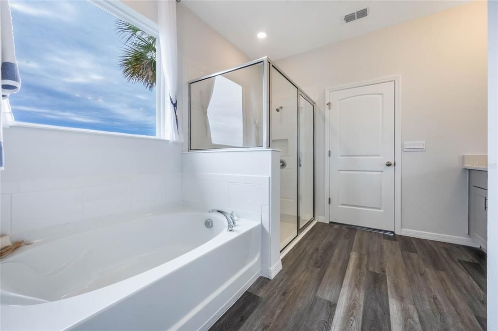 Bathroom, Glass Shower, Interior, Recessed Lighting, Wood Texture Flooring