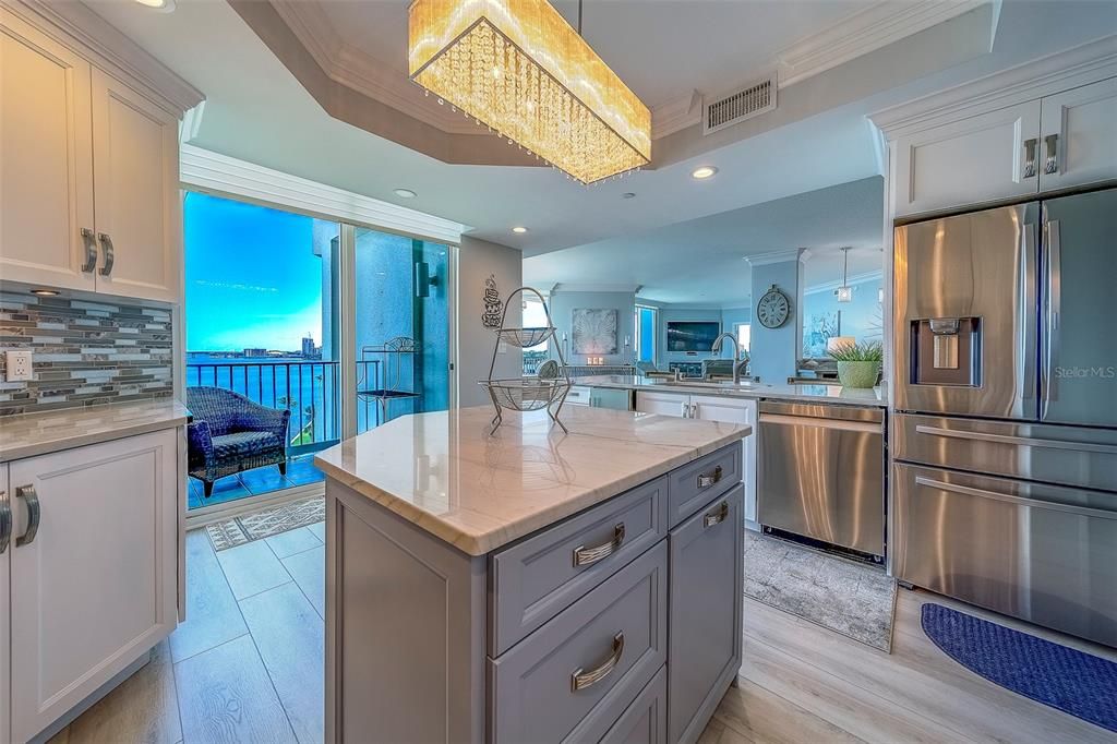 Chandelier, Interior, Kitchen, Recessed Lighting, Stainless Steel Appliances, Wood Texture Flooring