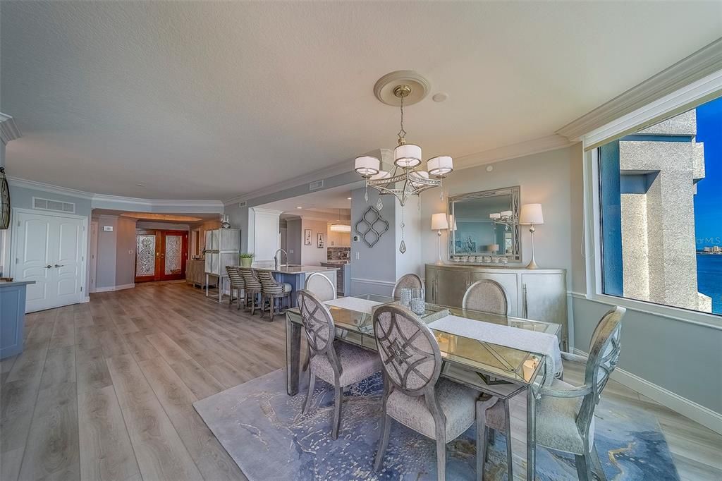 Chandelier, Dining room, Interior, Kitchen, Recessed Lighting, Water, Wood Texture Flooring