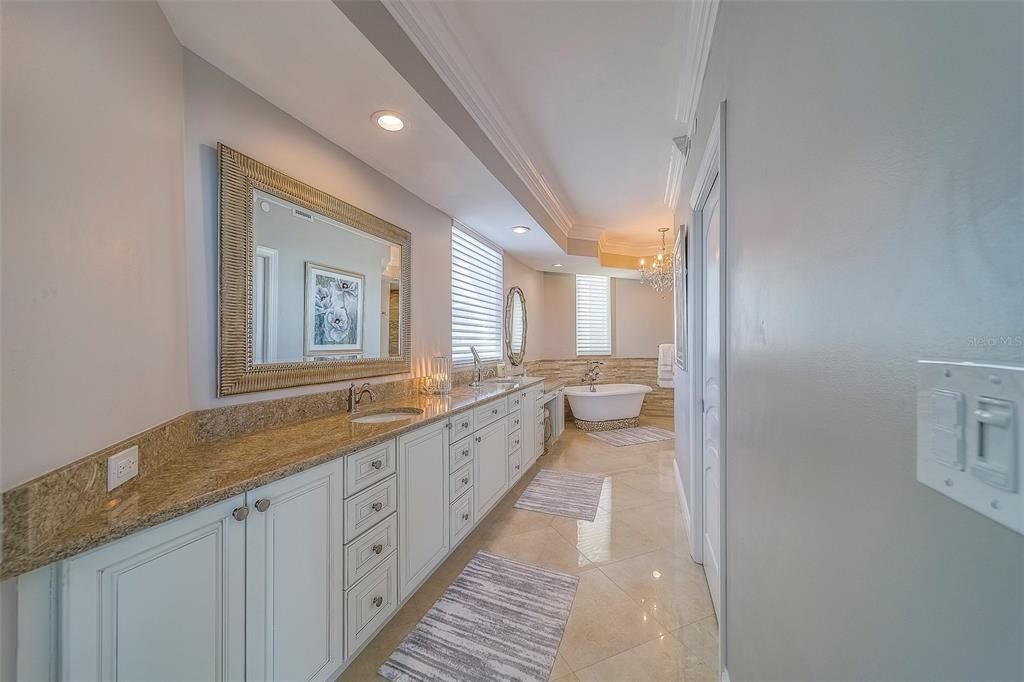 Bathroom, Chandelier, Dual Sink Vanities, Free Standing Baths, Interior, Recessed Lighting
