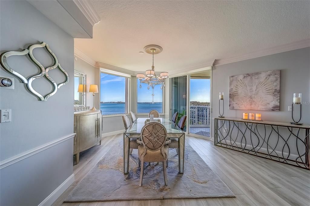 Chandelier, Dining room, Fireplace, Interior, Water, Wood Texture Flooring