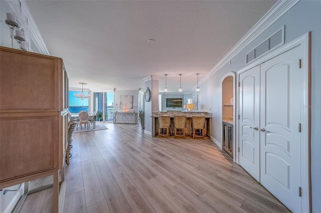 Dining room, Interior, Kitchen, Pendant Lights, Water, Wood Texture Flooring