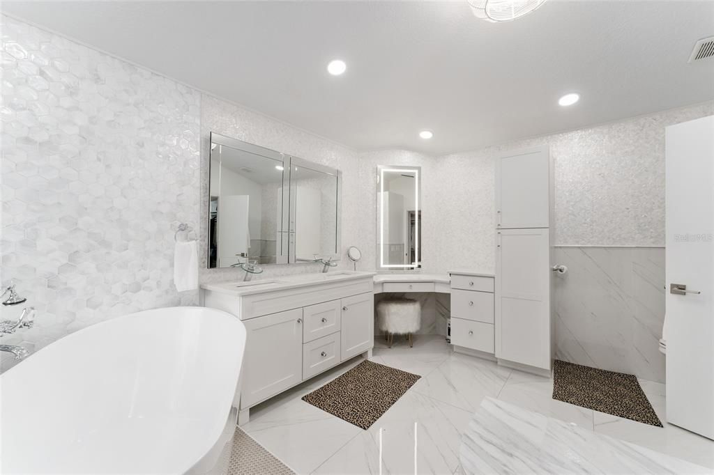 Bathroom, Dual Sink Vanities, Free Standing Baths, Interior, Marble, Marble Walls, Recessed Lighting