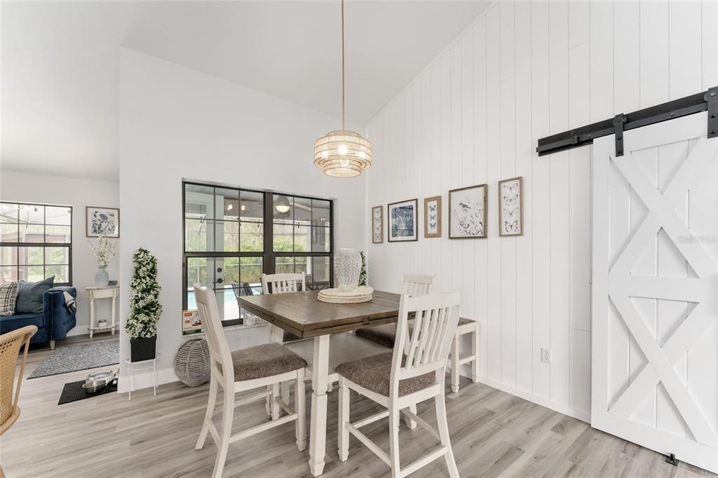 Dining room, Interior, Pendant Lights, Wood Texture Flooring