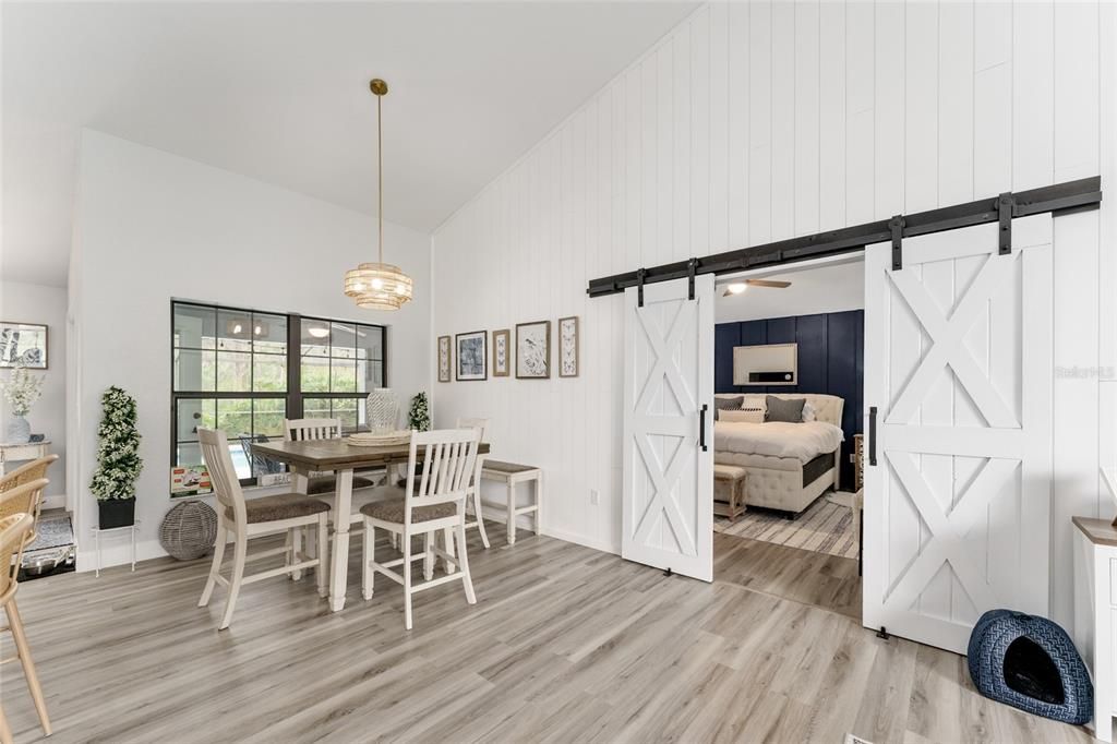 Bedroom, Dining room, Interior, Pendant Lights, Wood Texture Flooring