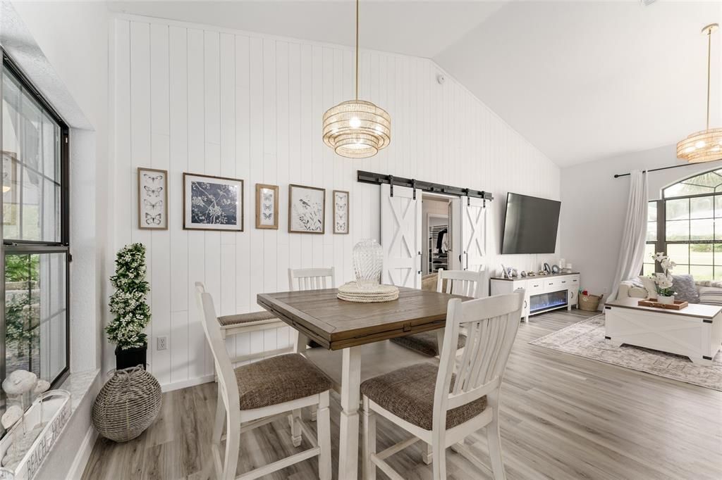 Dining room, Interior, Living room, Pendant Lights, Wood Texture Flooring