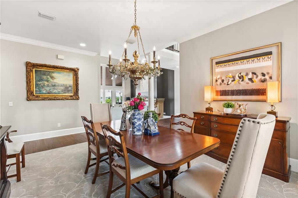 Chandelier, Dining room, Interior, Recessed Lighting, Wood Texture Flooring