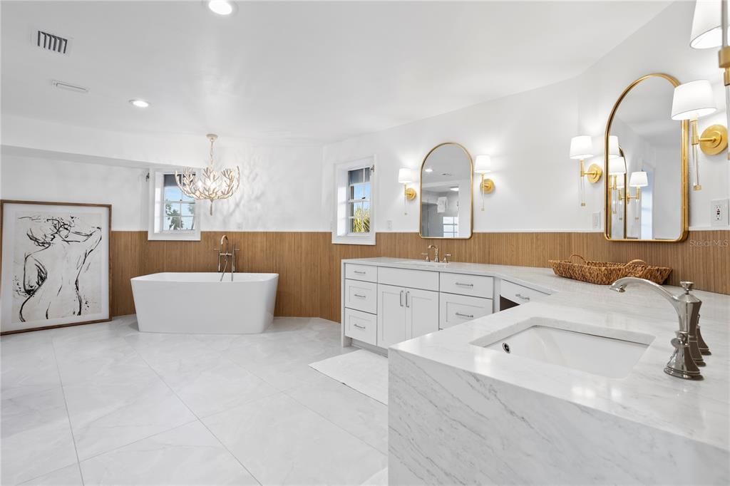 Bathroom, Chandelier, Dual Sink Vanities, Free Standing Baths, Interior, Recessed Lighting