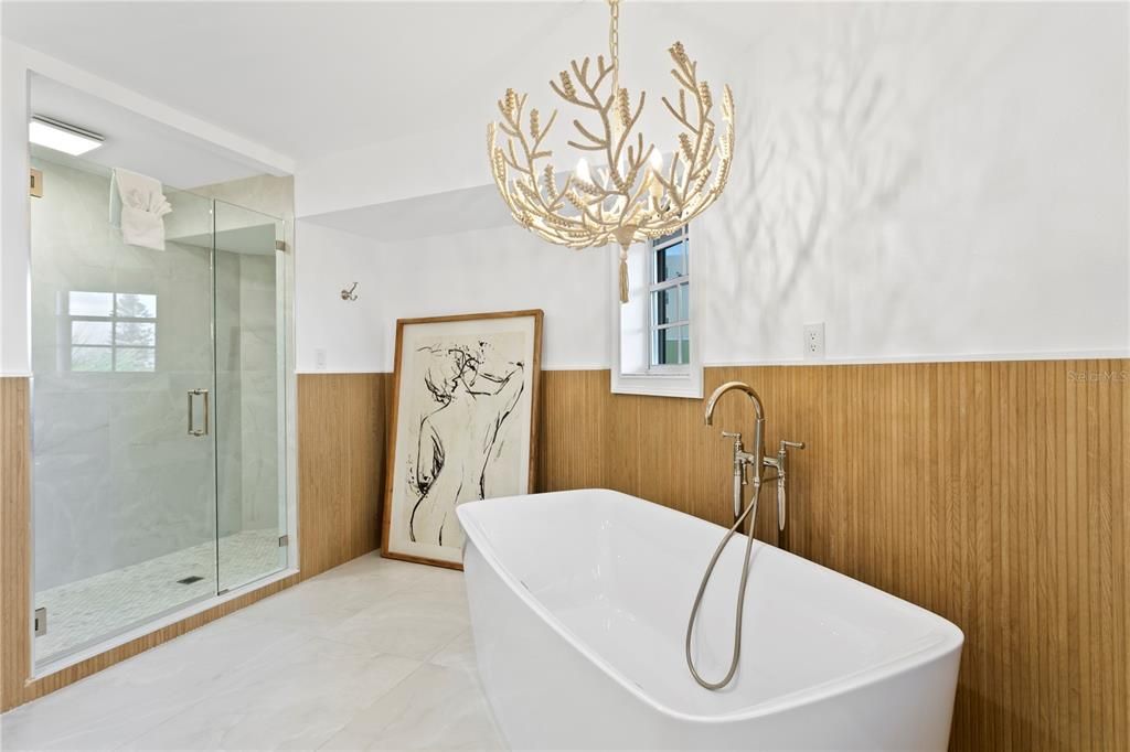 Bathroom, Chandelier, Free Standing Baths, Glass Shower, Interior, Marble, Marble Walls